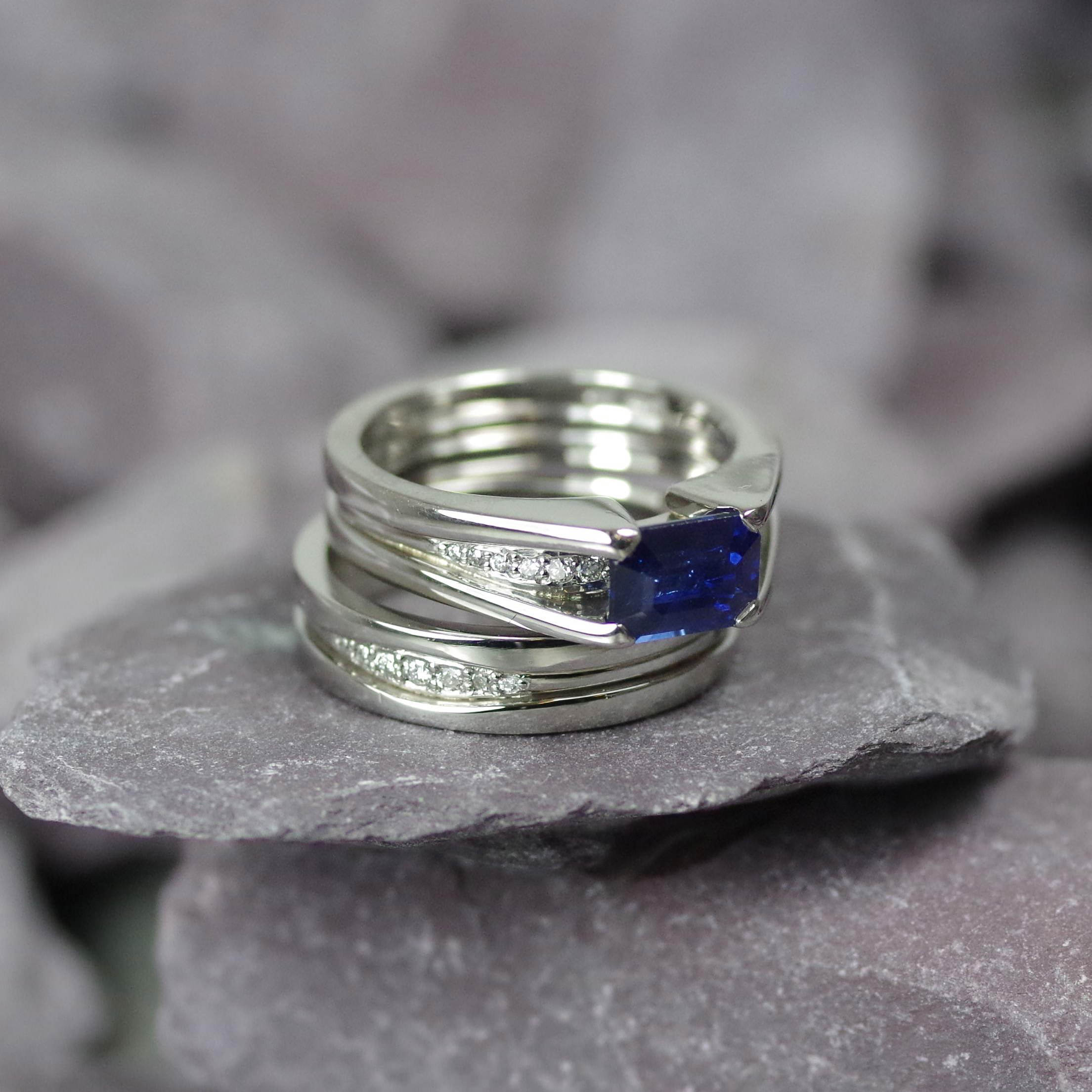 Palladium Sapphire & Diamond engagement and wedding ring set (ref WR005)